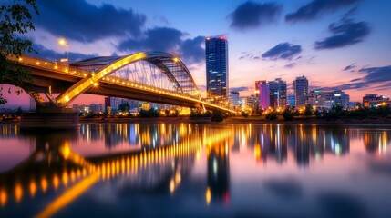 Fototapeta premium Night Cityscape Bridge Illumination - Modern city at night, illuminated bridge reflecting on calm water, symbolizes progress, technology, beauty, tranquility, and urban development.