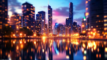 Obraz premium Night City Skyline Reflection - Urban cityscape at night, skyscrapers reflected in calm water, vibrant lights, modern architecture, peaceful scene.