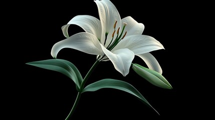 White lily flower with green leaves isolated on black background