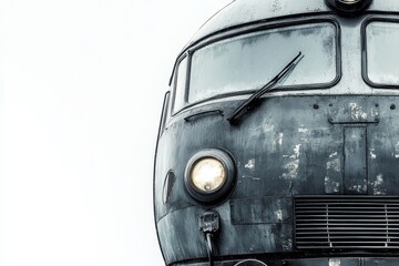 Fototapeta premium Close-up of a vintage train locomotive with a weathered appearance and a single headlight.
