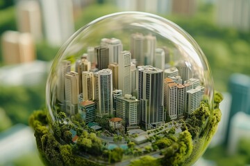 Miniature Globe Featuring a Green Cityscape with Modern Buildings