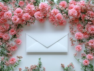 A white envelope surrounded by pink flowers, suggesting a romantic or celebratory theme.
