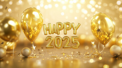 Golden "Happy 2025" Balloons with Sparkling Background for Festive New Year Celebrations