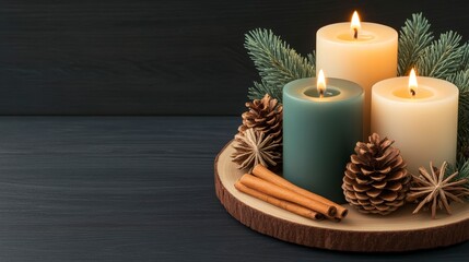 Cozy Candle Arrangement with Pinecones, Cinnamon, and Greenery