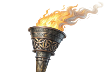 Ornate Bronze Torch, Flaming Ember, Illuminated Path, Ancient Artifact, Mythological Symbol
