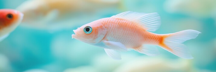 Fototapeta premium A fish is swimming in a tank with other fish. The fish is orange and white. The tank is blue