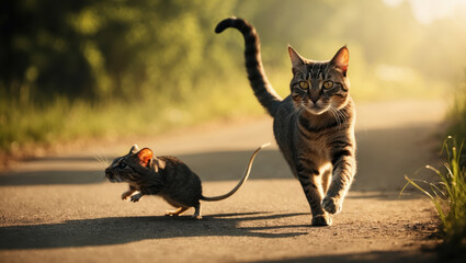 Cat chasing mouse outdoors on sunny day