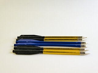 Arrows for a training crossbow on a white background. Set of six. Blue and yellow.