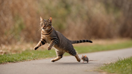 Feline hunting mouse in sunny countryside