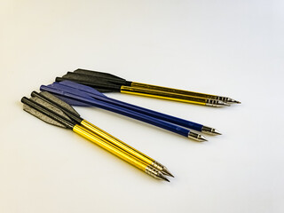 Arrows for a training crossbow on a white background. There are two pieces