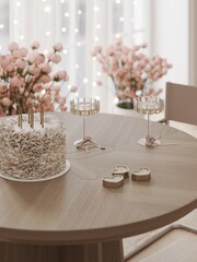 table set for a wedding reception Valentine’s Day pink party date balloons bear celebration