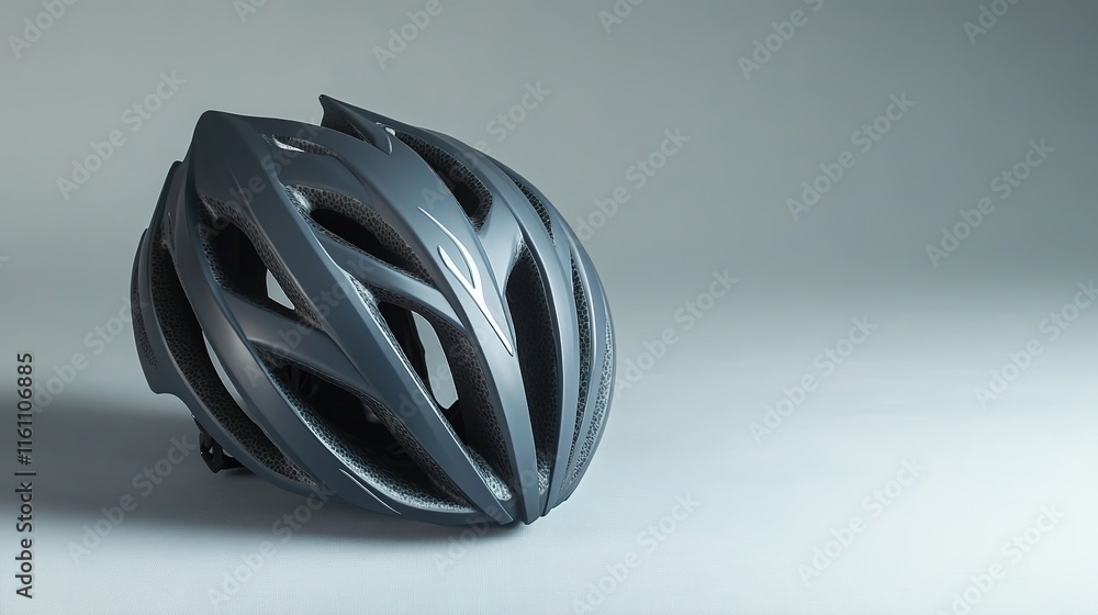 Poster cycling helmet with sleek design placed in left corner of frame against solid gray background