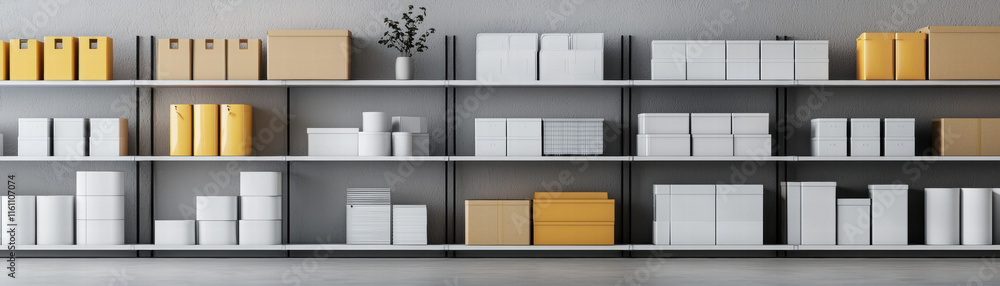 Poster inventory management order planning. neatly organized shelves displaying various boxes and container