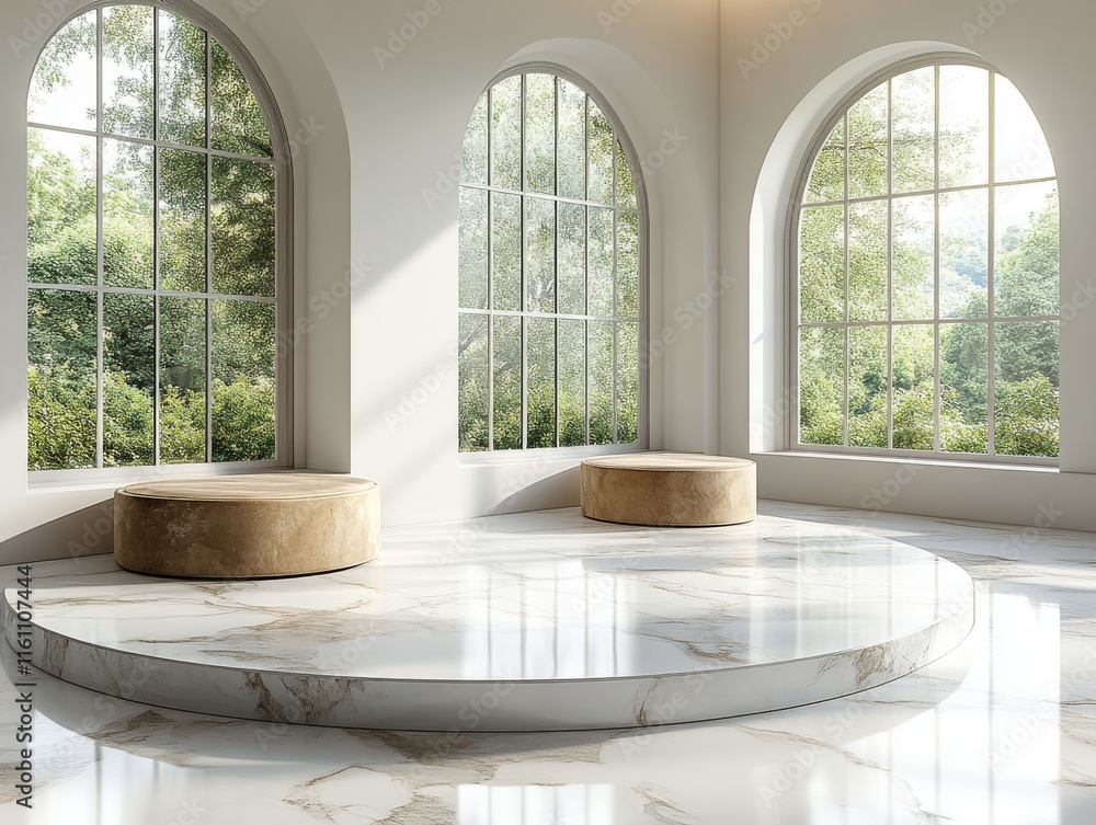 Poster elegant interior space with circular platform and plush seating by large arched windows.