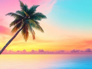 Obraz premium Serene Sunset Over Tranquil Ocean Horizon with Palm Tree Silhouette in Colorful Sky of Pink, Orange, and Blue Hues Expressing Calmness and Tropical Vibes