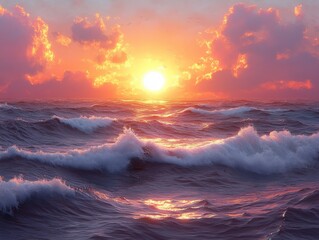 Fototapeta premium A vibrant sunset over a turbulent ocean, with colorful clouds reflecting on the water's surface.