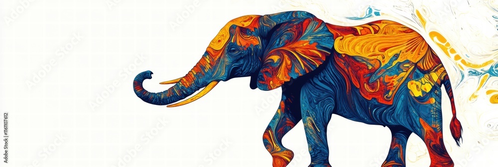 Poster colorful illustration of an elephant with abstract patterns, ready for creative projects and designs