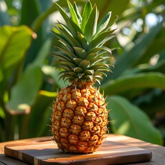 Obraz premium Vibrant Hawaiian Pineapple on Rustic Wooden Board, Fresh Tropical Fruit in Sunlit Plantation Setting