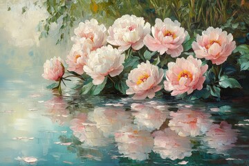 Elegant Pink Peonies Blooming by Serene Water Surface Reflections
