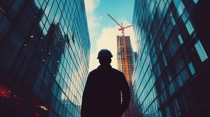 Fototapeta premium Construction Worker Silhouetted at Sunset