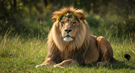 Obraz premium Majestic Lion with a Crown of Leaves: A powerful and regal lion, adorned with a crown of vibrant green leaves, sits majestically in a lush green meadow.