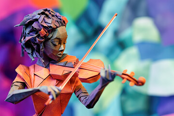 Origami female musician playing violin, set against abstract background in triadic purple, orange, and green tones for music lessons, recitals, and instrument sales advertising
