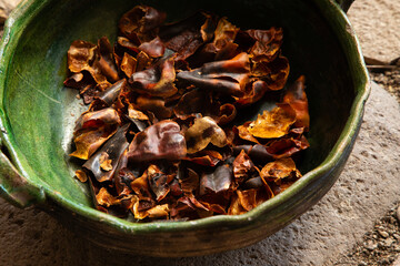Guajillo chile from Oaxaca soaked after roasting to prepare a mole coloradito red in Mexico.