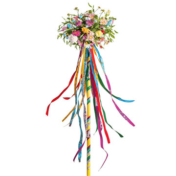 Vibrant Maypole Adorned with Flowers and Colorful Ribbons