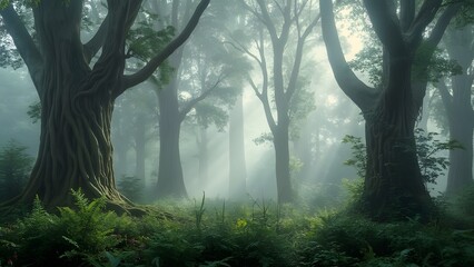Fototapeta premium Misty Enchantment, Majestic Forest with Towering Trees and Lush Undergrowth