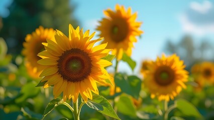 Fototapeta premium Vibrant Sunflowers in Soft Focus, Exquisite Detail of Mature Golden Petals Against a Clear Blue Summer Sky