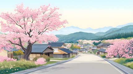 A magnificent and beautiful cherry blossom tree standing alone, with a peaceful and beautiful view of a Japanese village
