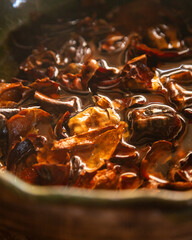 Guajillo chile from Oaxaca soaked after roasting to prepare a mole coloradito red in Mexico.