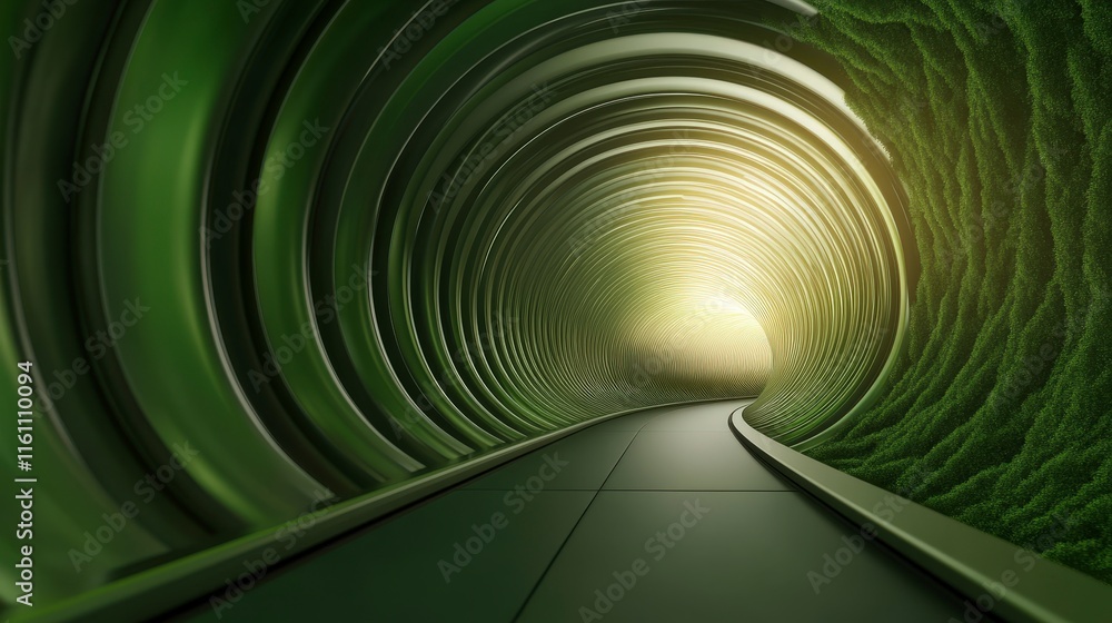 Poster abstract green tunnel with glowing light at the end of the path