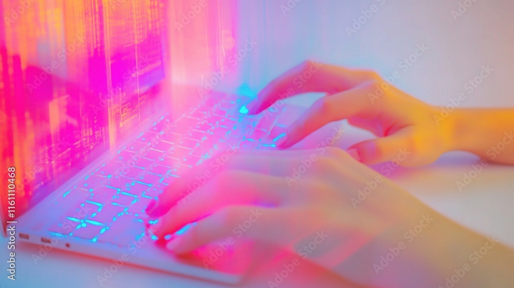 Poster close-up of hands typing on keyboard with double exposure effect