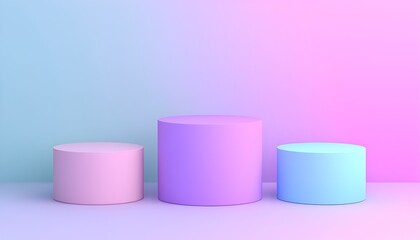 Pastel Dreams:  A trio of vibrant pastel cylinder podiums, bathed in a dreamy, iridescent light, offer a canvas for showcasing your products or concepts.