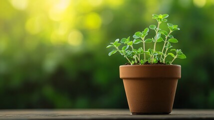A freshly watered oregano plant in a clay pot, isolated against a vibrant green garden backdrop