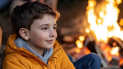 Obraz premium Smiling Boy in Yellow Jacket Enjoying Evening by Campfire Glow