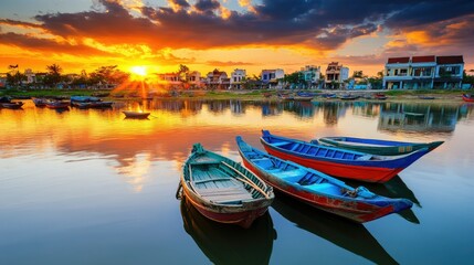 Obraz premium Colorful fishing boats at sunset on calm water near houses.