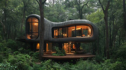 Modern Eco-Friendly Treehouse Blending Beautifully With Vibrant Lush Forest Background