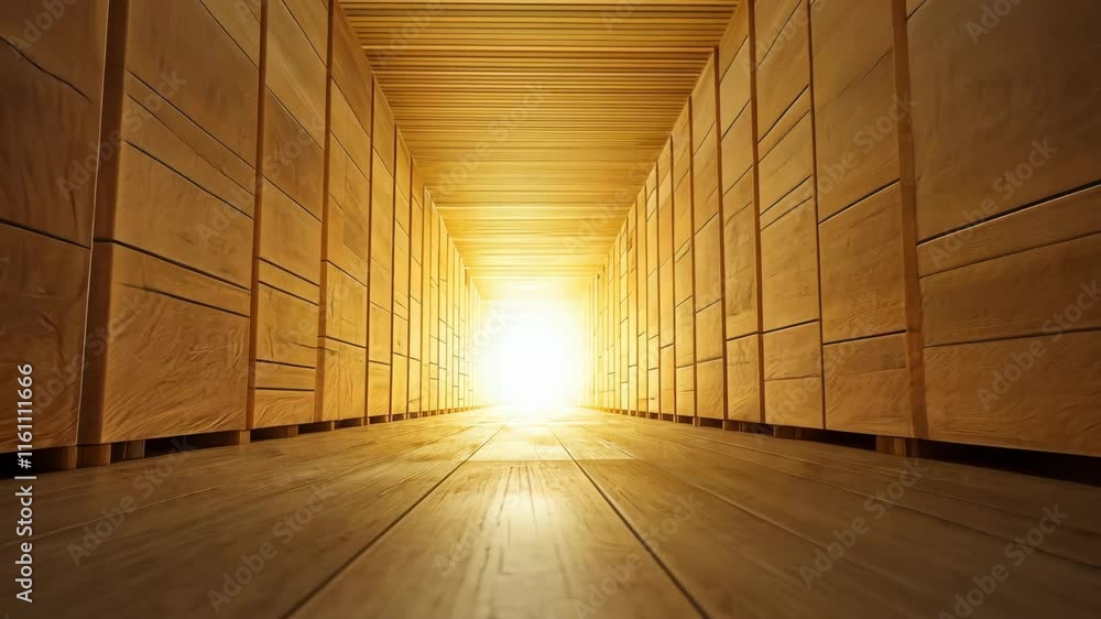 Poster Light Illuminates a Hallway of Wooden Crates Creating a Warm Inviting Atmosphere