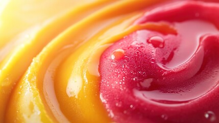 colorful swirl of mango and raspberry sorbet with droplets glistening under soft lighting