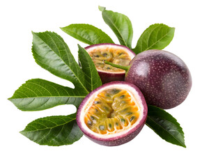 Isolated background image of passion fruit and orange slices showing passion fruit flesh. Transparent background PNG.