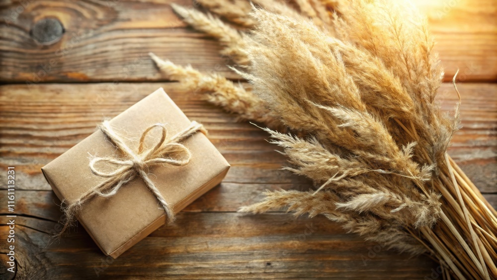 Poster a rustic gift box wrapped in brown paper and tied with twine beside dried pampas grass on a weathere