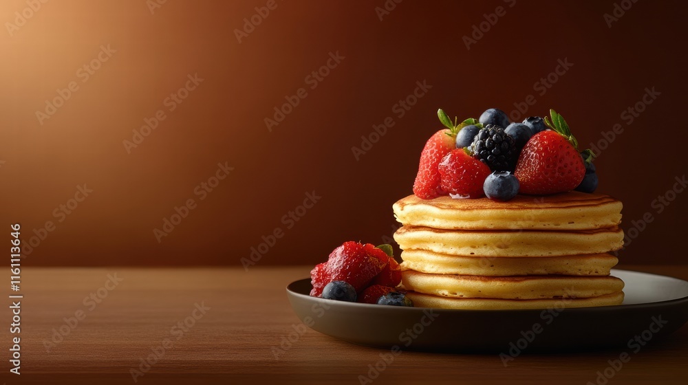 Poster delicious stack of golden pancakes topped with fresh strawberries and blueberries on a wooden table 