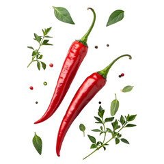 Red hot chili peppers on a white background with fresh spicy vegetables and ingredients, transparent background PNG