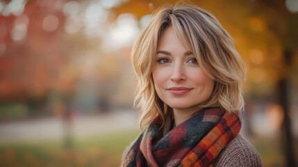 Naklejka premium Blonde woman enjoys autumn landscape with colorful leaves at sunset