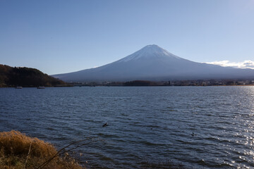 View of landscape fuji mountain in winter at Lake Kawaguchi