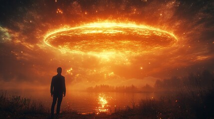A man stands on a beach looking out at a large orange object in the distance