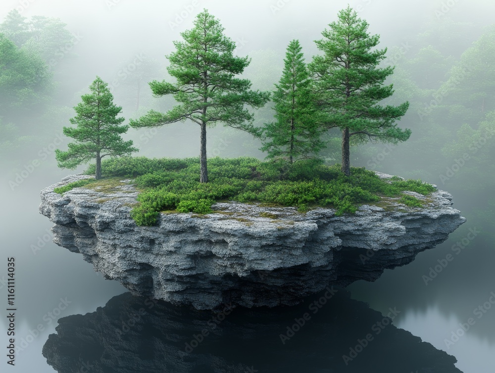 Poster a serene floating island with lush trees surrounded by misty waters.