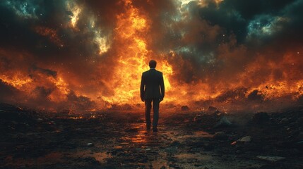 Fototapeta premium A man stands in front of a fiery explosion